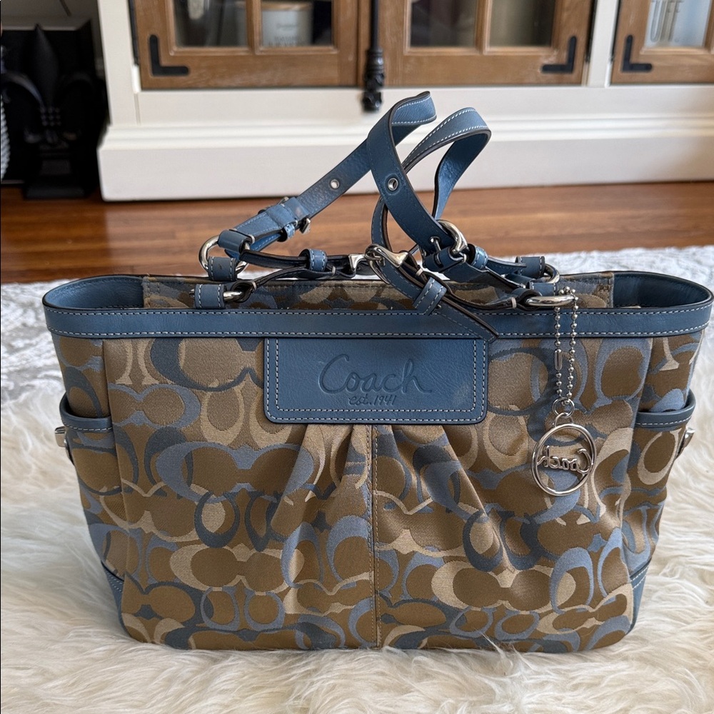 Coach Canvas Tote with Blue Trim and Tan Signature Print